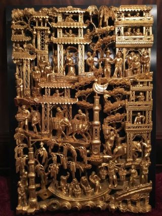 Big Antique Chinese Gilt Wood Carved Panel Village Life Scenes Wooden Carving 2