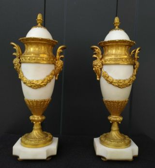 A Antique French White Marble And Fire Gilt Bronze Mantel Vases - 19th