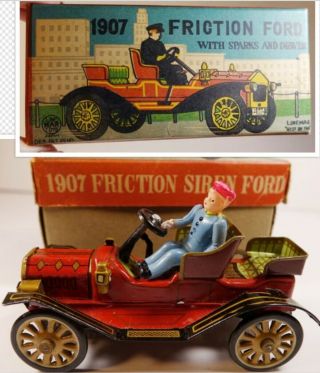 Vintage Marx Linemar Toy Tin Litho 1907 Ford Friction Car Hampshire W/ Box