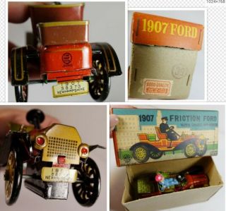 Vintage Marx LineMar Toy Tin Litho 1907 Ford Friction Car Hampshire w/ BOX 4