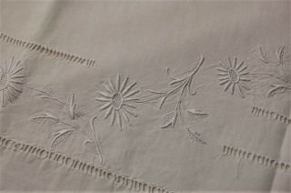 Vintage French PURE Linen Bed Sheet Floppy Embroidered Flowers Monogram 76x120 