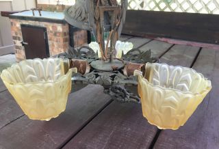 Antique 1920 ' s Art Deco Hanging Ceiling Light Fixture with 3 Slip Shades 10
