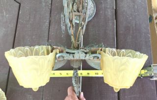 Antique 1920 ' s Art Deco Hanging Ceiling Light Fixture with 3 Slip Shades 12