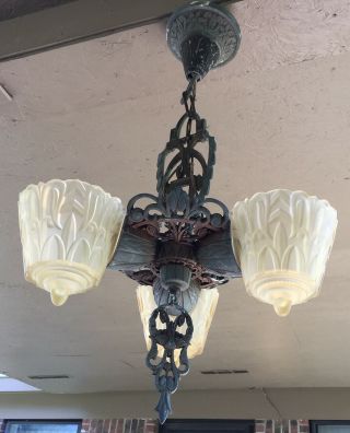 Antique 1920 ' s Art Deco Hanging Ceiling Light Fixture with 3 Slip Shades 2