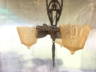 Antique 1920 ' s Art Deco Hanging Ceiling Light Fixture with 3 Slip Shades 5