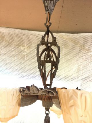 Antique 1920 ' s Art Deco Hanging Ceiling Light Fixture with 3 Slip Shades 7