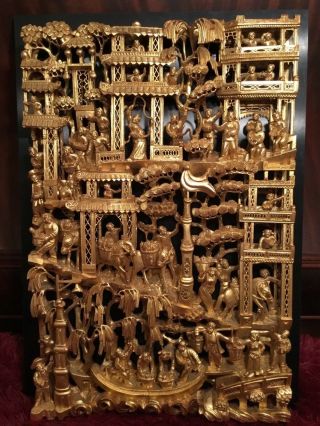 Big Antique Chinese Gilt Wood Carved Panel Village Life Scenes Wooden Carving 1