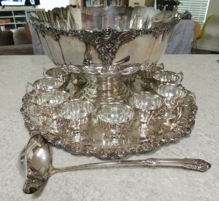 Wallace Baroque Punch Bowl Set Tray 12 Cups Sterling Handle Ladle Older