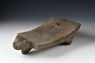 Pre Colombian Stone Metate With Animal Carved Head And Wonderful Surface