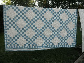 Antique Vtg Blue And White Checked Patchwork Quilt – 78” X 70” – Hand Quilted E