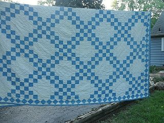 Antique VTG Blue and White Checked Patchwork Quilt – 78” X 70” – Hand Quilted E 2