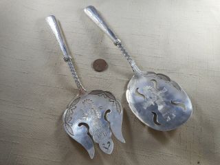 Fred Harvey Era Navajo Silver Spoon & Fork Salad Set With Indian Chief Designs