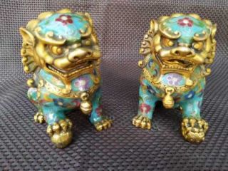 A Pair Exquisite Chinese Old Cloisonne Copper Statue - Lion Foo Dog Statue