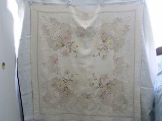 Society Silk Embroidered Pale Pink/ecru Flowers And Open Work Linen Tablecloth