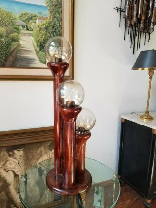 Mid Century Oak Column 3 - Globe Smoked Glass Table Lamp By Modeline Of California