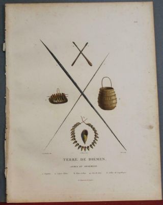 Tasmania Aboriginal Weapons & Ornaments Australia 1812 Freycinet Antique Palte