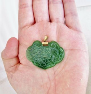 Vintage 18K Chinese Carved Green Serpentine Lock Pendant with Dragon & Phoenix 11