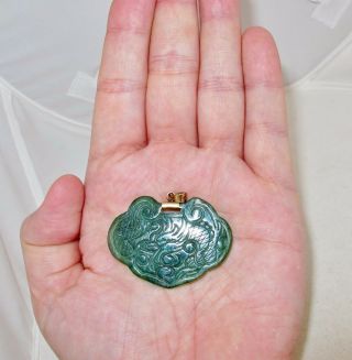 Vintage 18K Chinese Carved Green Serpentine Lock Pendant with Dragon & Phoenix 12