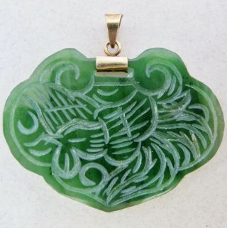 Vintage 18k Chinese Carved Green Serpentine Lock Pendant With Dragon & Phoenix