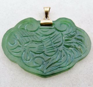 Vintage 18K Chinese Carved Green Serpentine Lock Pendant with Dragon & Phoenix 2