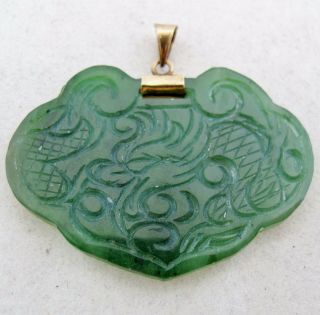 Vintage 18K Chinese Carved Green Serpentine Lock Pendant with Dragon & Phoenix 6