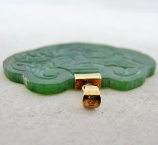 Vintage 18K Chinese Carved Green Serpentine Lock Pendant with Dragon & Phoenix 9