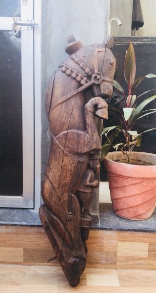 Ancient Rare Wood Hand Carved Horse With Musician Man Figure Wall Panel