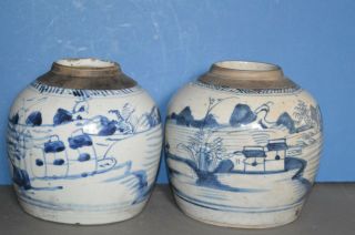 Pair Antique 18th Century Chinese Blue And White Pots/vases,  C1780