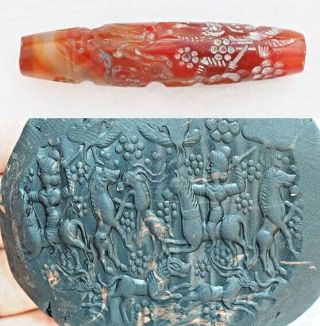 Ancient Cylinder Seal Intaglio Agate Indus Valley Troop Of Tiger & Deer Bead