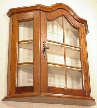 Dutch Old Wall Hanging Glass Curio Display Silver Gold Oak Baroc Wooden Cabinet