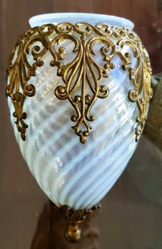 Antique Hand Blown Swirl Opalescent Wall Sconce Shade W/ Gilded Ormalu Tiffany?