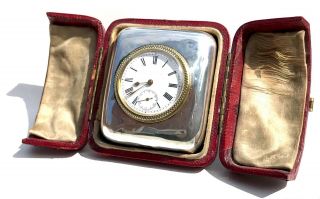 Antique Silver Traveling Clock By Douglas Clock Co 1899 In Red Leather Case