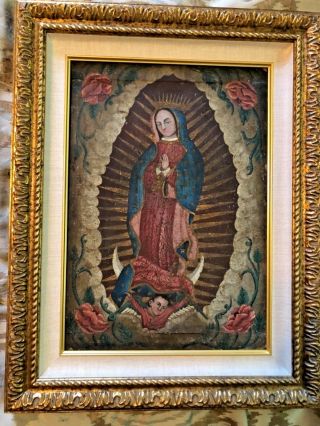 19th Century Mexican Oil On Canvas Painting Of Virgen De Guadalupe Ca.  1840