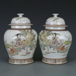 Chinese Old Pair Famille Rose Character Story Calligraphy Porcelain Temple Jars