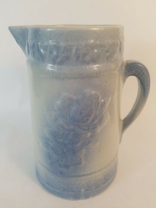 Antique Blue Stoneware Pitcher Salt Glaze Rare Flower 9 " H Late 1800 