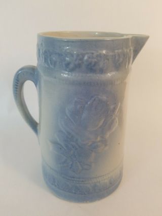 Antique Blue Stoneware Pitcher Salt Glaze Rare Flower 9 