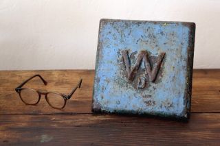 Vtg Cast Iron Well Drain Cover Steampunk Industrial Design Blue Letter W Old