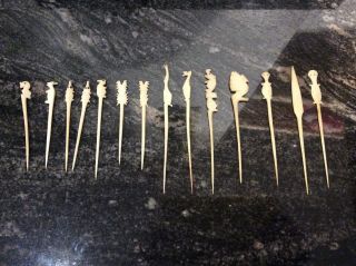 14 Hand Carved Bone Toothpicks/ Cocktail Sticks Depicting Animals And Flora