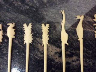 14 HAND CARVED BONE TOOTHPICKS/ COCKTAIL STICKS DEPICTING ANIMALS AND FLORA 3