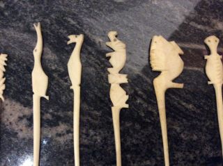 14 HAND CARVED BONE TOOTHPICKS/ COCKTAIL STICKS DEPICTING ANIMALS AND FLORA 4