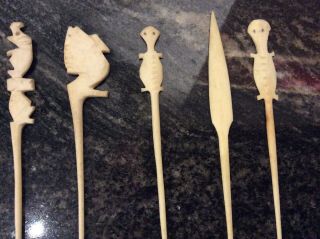 14 HAND CARVED BONE TOOTHPICKS/ COCKTAIL STICKS DEPICTING ANIMALS AND FLORA 5