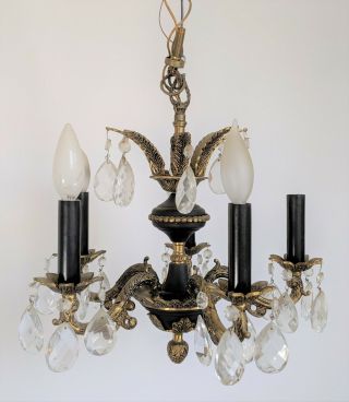 Antique Vintage VERY PETITE Brass Crystal Small 5 Arm CHANDELIER 2