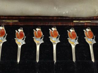 RARE SOLID SILVER AND ENAMEL WITCHES COCKTAIL STICKS 6