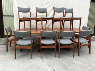 Vintage Danish Modern Teak Dining Table W/ 10 (ten) Chairs Gudme Wegner Era
