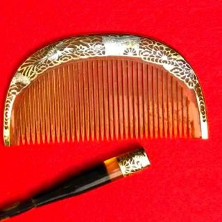 Japan Antique Combs 9.  5x5cm And Kogai 16.  5x1.  2cm Bekko 18k Gold Plate