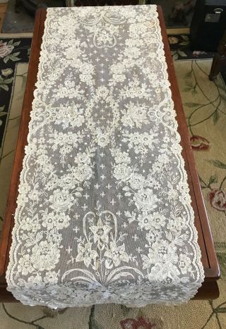 Antique French Tambour Net Lace Runner Scarf Veil Textile 50 " X 16 "