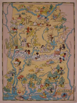1935 Ruth Taylor White Gay Geography Cartoon Pictorial Map Alabama
