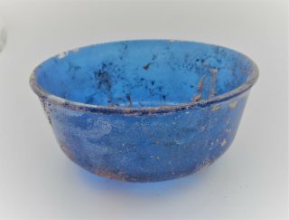 Museum Quality Ancient Roman Aqua Blue Glass Bowl Circa 200 - 300ad