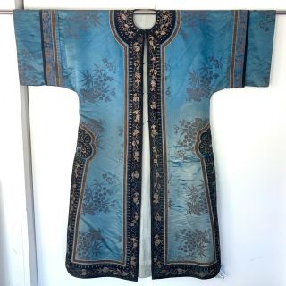 Antique Qing Chinese Silk Embroidery Robe Gold Thread Border Damask As - Is