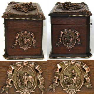 Rare Antique French TAHAN Marked 10.  5” Oak Box,  Hunt Themed Figural Accents 10